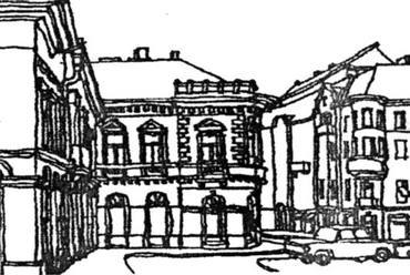 1.        ábra: Egy iránypontos, szabályos hálózatú,        teresedő utca, hátsó vezérsíkkal (Szeged        - 1968)