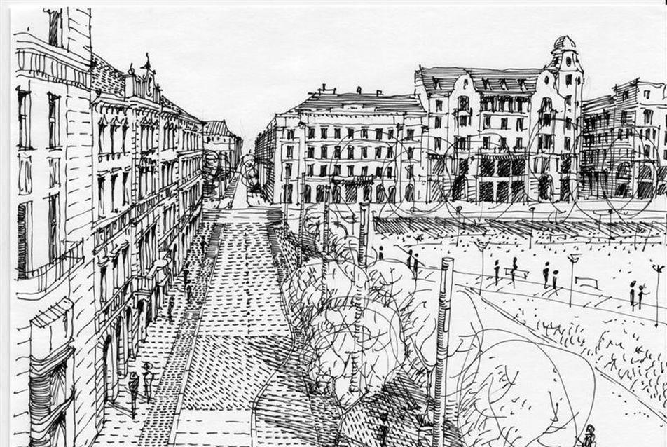 A "Főutca" Erzsébet tér melletti szakasza - rajz: Zöldi Péter
