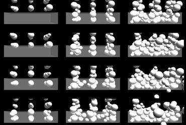 Szimulációk a tervezéshez: az “épület-doboz” megtöltése különböző méretű  golyókkal. Kép: © Gramazio & Kohler