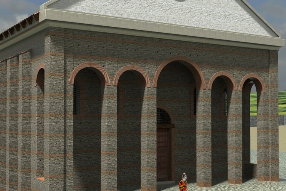 A 4. század elején épült bazilika rekonstrukciója - DK-i nézet (porticus)