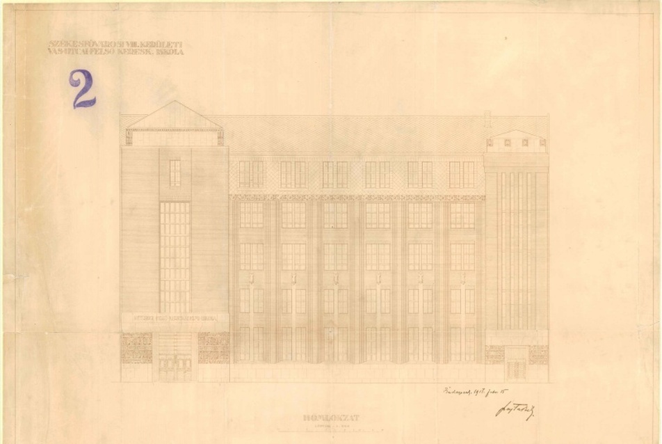 VIII. kerületi felső kereskedelmi iskola, 1909–1913. (VIII. Vas utca 9–11.) Homlokzatterv, 1913. Budapest Főváros Levéltára