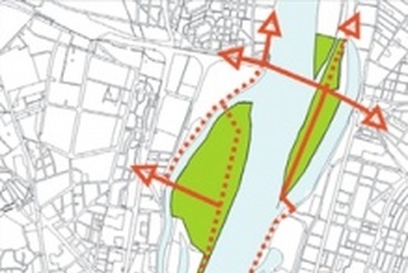Gyalogos főirányok a Duna mentén (forrás: A Margitsziget stratégiai terve 2008, FŐKERT - BFVT - Zöldfa Stúdió)