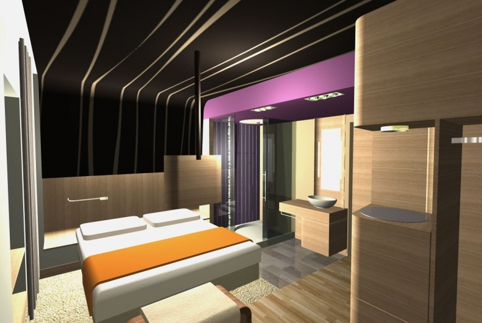 Kis egyterű szoba lila színben. Vezető tervező: Kolba Mihály