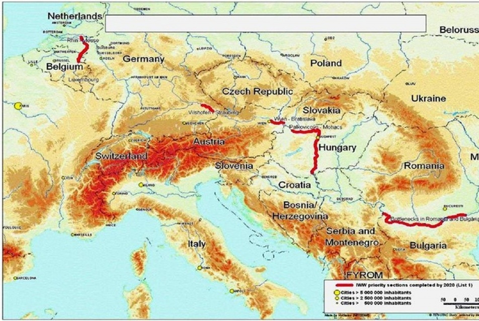 Csúcsgázlók a Rajna-Majna-Duna vonalán - forrás: TEN-T
