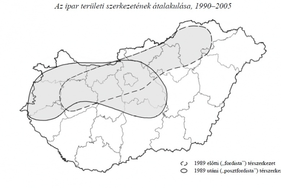 23. ábra: Az ipar áthelyeződése, az iparszerkezet átalakulása 1990-2005. között, forrás: ((9), p. 552.)