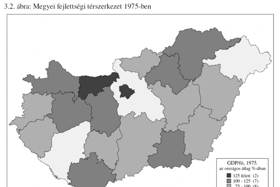 10. ábra: A megyei fejlettségi térszerkezet 1975-ben és 2005-ben, forrás: ((23), p.73-74.)