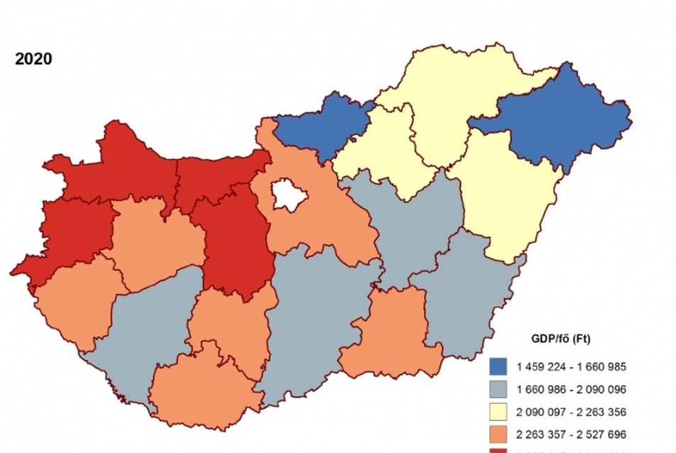 5. ábra: A GDP betervezett területi egyenlőtlenségei 2040-ben (Budapest nélkül!), forrás: (4) p. 50.