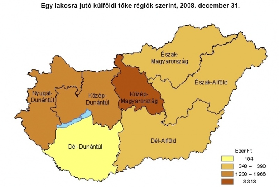 14. ábra: Az egy lakosra jutó külföldi tőke 2008. és az egy lakosra jutó beruházás, 2009.,  forrás: ((10), p. 19. és 20.)