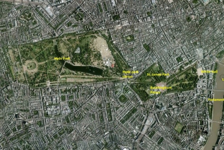 3. ábra: London állami adminisztrációs központjának hatalmas kiterjedésű közparki térsorai
