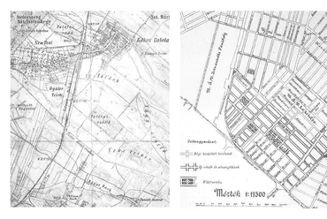 Rákospalota és környékének katonai térképe 1870-ből (bal oldal), Rákospalota szabályozási térképe 1920-ból (jobb oldal)