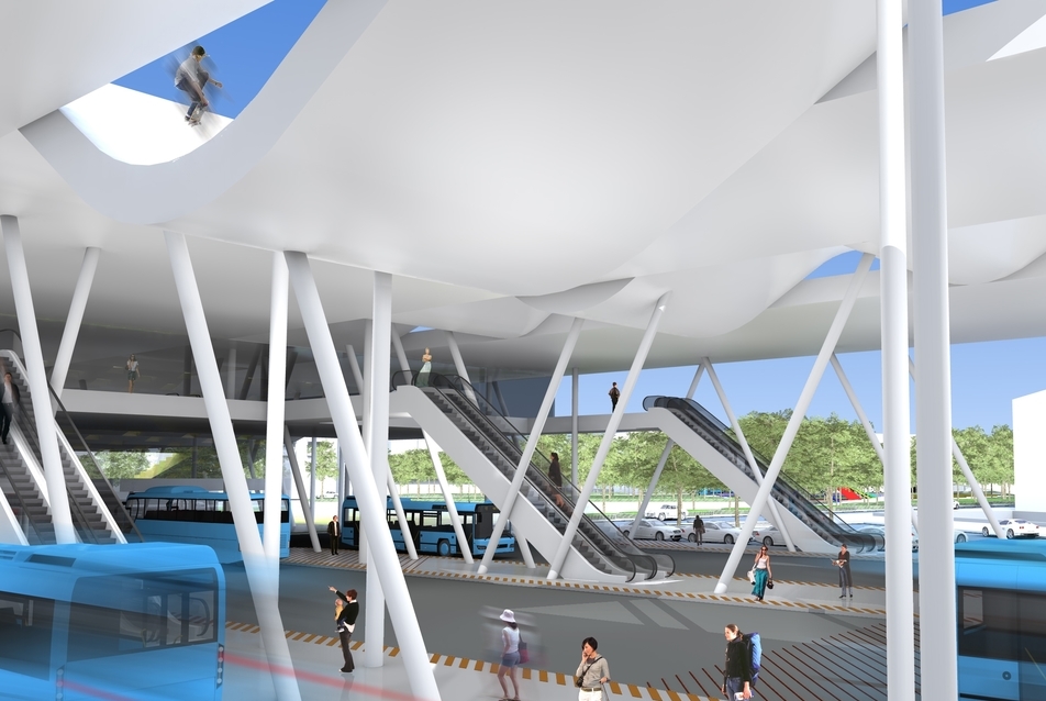 A buszpályaudvar tere és a tetőn elhelyezett Freestyle világ közötti aktív vizuális kapcsolat