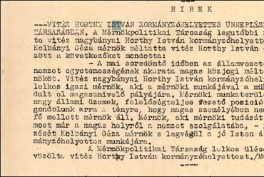 Tudósítás Horthy István ünnepléséről a Mérnökpolitikai Társaságban, 1942, forrás: MTI Archívum