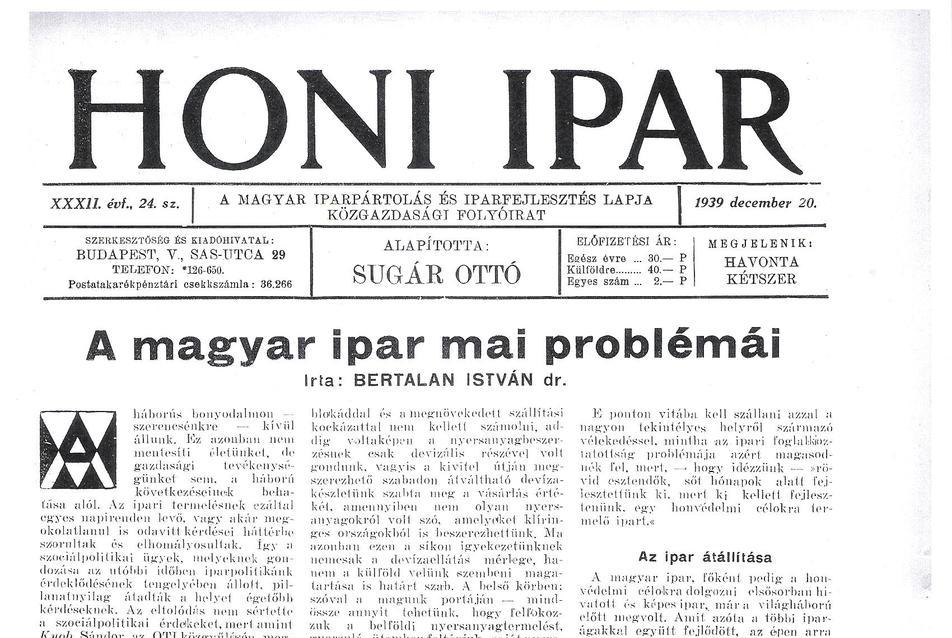 Honi Ipar, a magyar gyáriparosok lapja, 1939. december 20