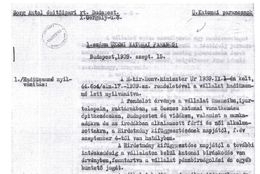 A hadiüzemmé nyilvánítás parancsa 1939 szeptember 15., forrás: HM Levéltár