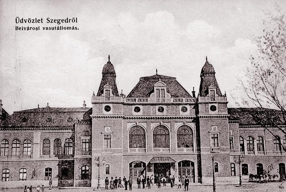 Üdvözlet Szegedről, Belvárosi vasútállomás, forrás: Kaposvári Péter úr képeslap-gyűjteménye