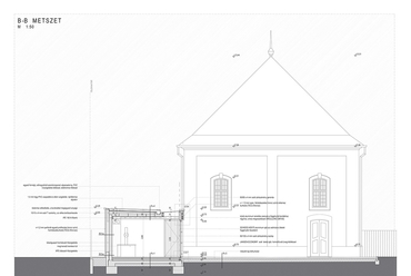 B-B metszet az új előtéren keresztül - albertirsai zsinagóga hasznosítása - tervező: Tóth Balázs