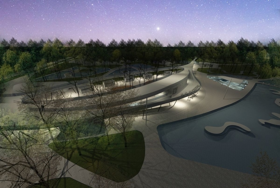 Gyalogos híd este - Aquaticum Strandfürdő ötletpályázat - tervező: Roeleveld-Sikkes Architects