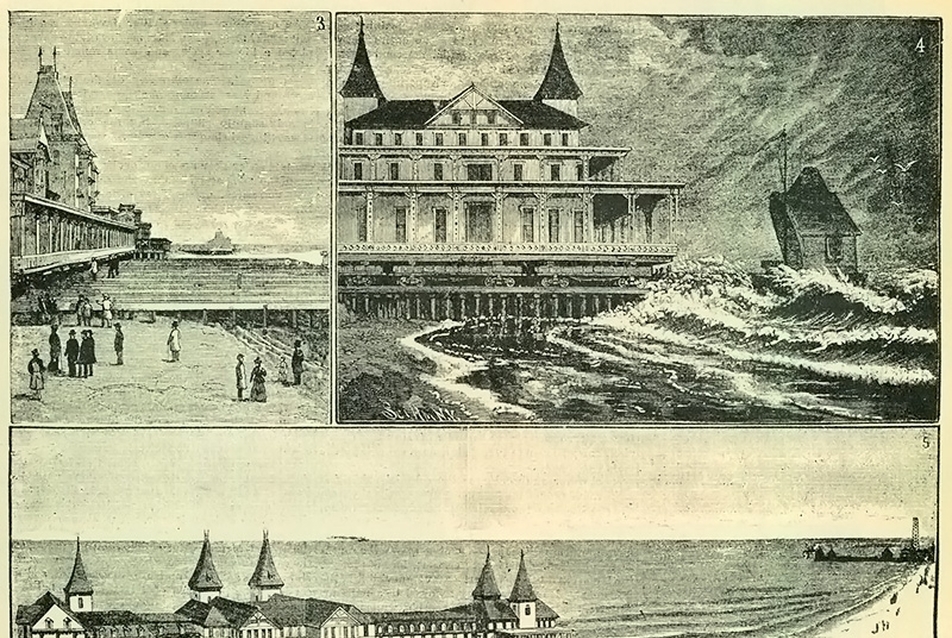 Brightoni tengerparti szálló eltolása, Coney Island (Forrás: Zelovich Kornél: Épületek eltolása, Pátria Irodalmi Vállalat és Nyomdai Részvénytársaság, 1898)