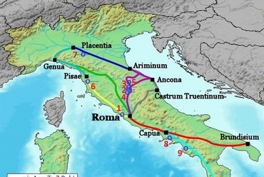 15. kép Itália ókori uthálózata és a közölt lelőhelyek fotó, NielsF 2006. térképe alapján Kiss József