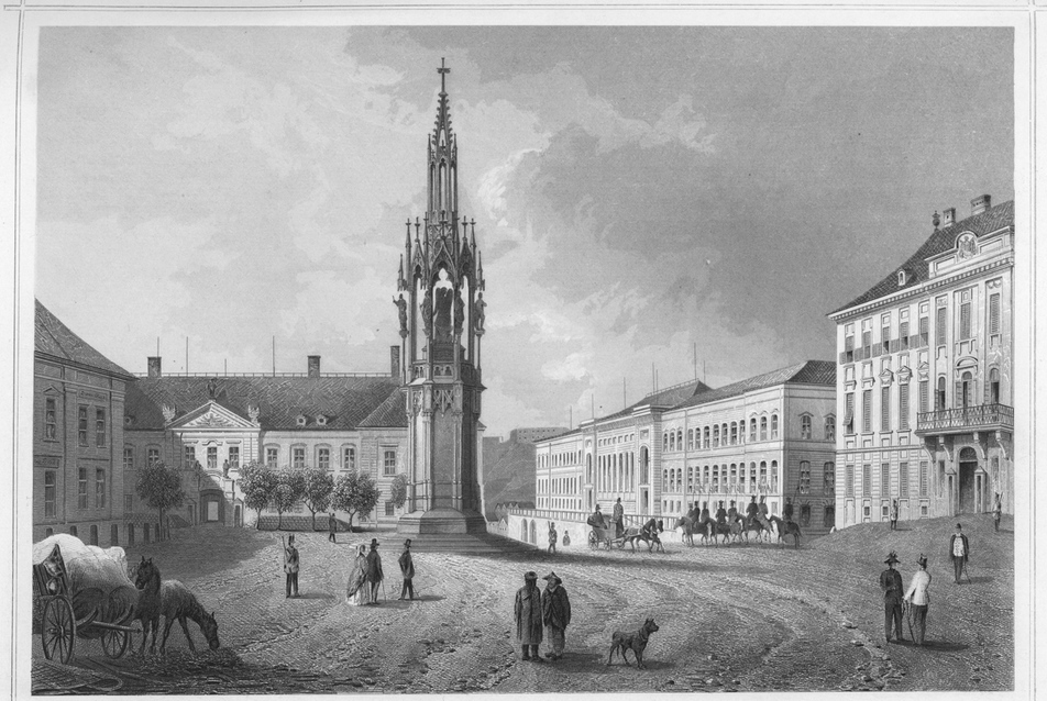 a Szt. György tér a Hentzi emlékművel (Forrás: Hunfalvy János: Magyarország és Erdély eredeti képekben, Darmstadt 1856, Lechner Tudásközpont szakkönyvtára) 