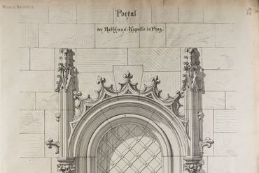 a prágai városháza kápolnájának kapuja - Schulek Frigyes felmérési rajza a Wiener Bauhütte albumában - Forrás: Lechner Tudásközpont szakkönyvtára