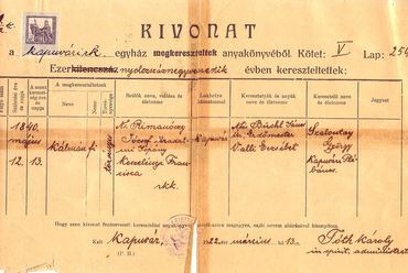 Id. Rimanóczy Kálmán keresztlevele - forrás: Rimanóczy Yvonne, Rimanóczy Jenő