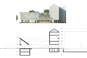 a-a metszet és déli homlokzat, Könyvtár és tudásközpont Hódmezővásárhelyen - építész: TARKA Architects