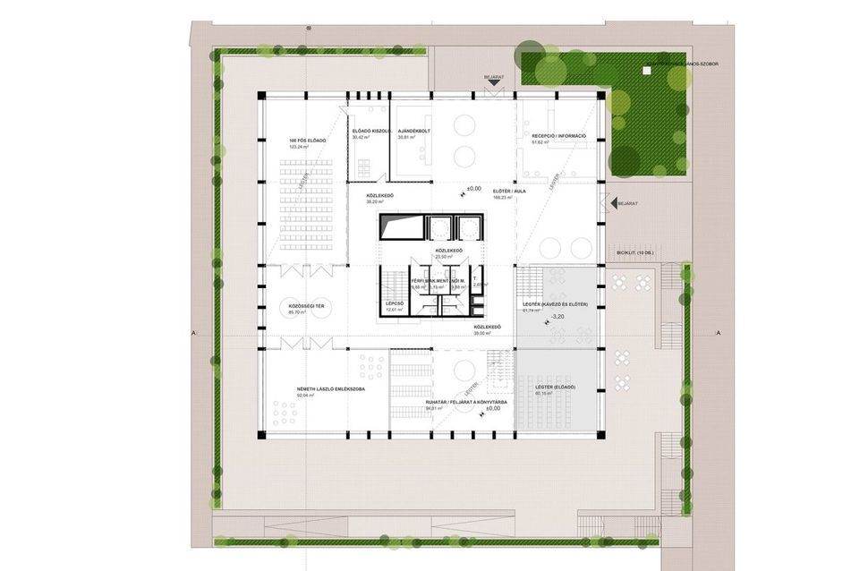 Aula és közösségi tér alaprajza - építész: Csomay Zsófia, Ránki Soma, Weiszkopf András