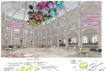 az Aula tér felépítése: Pixel café – Pixel cloud – Pixel shop és a kialakítás vázlatai - belsőépítész: Göbölyös Kristóf