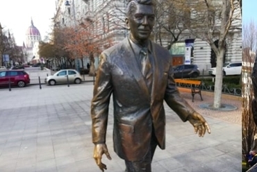 Máté István: Ronald Reagan, 2011, Szabadság tér. Elégedett amerikai elnök érkezik ruganyos lépetekkel a San Marziano pizzázóból, hogy megfelelő pillanatban a fejére szálljon egy szovjet ötágú csillag. 