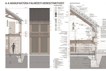 A-A metszet és falnézeti csomópont, Gyógynövényház manufaktúra, Tervező: Antal Anita, 2019., Konzulens: Dr. habil Anthony Gall PhD