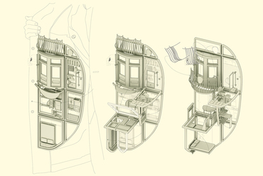 Theo Jones: Unfolding Julian Assange’s Home of Diplomatic Containment II. Photoshop és Illustrator, papír. 329 × 483 mm