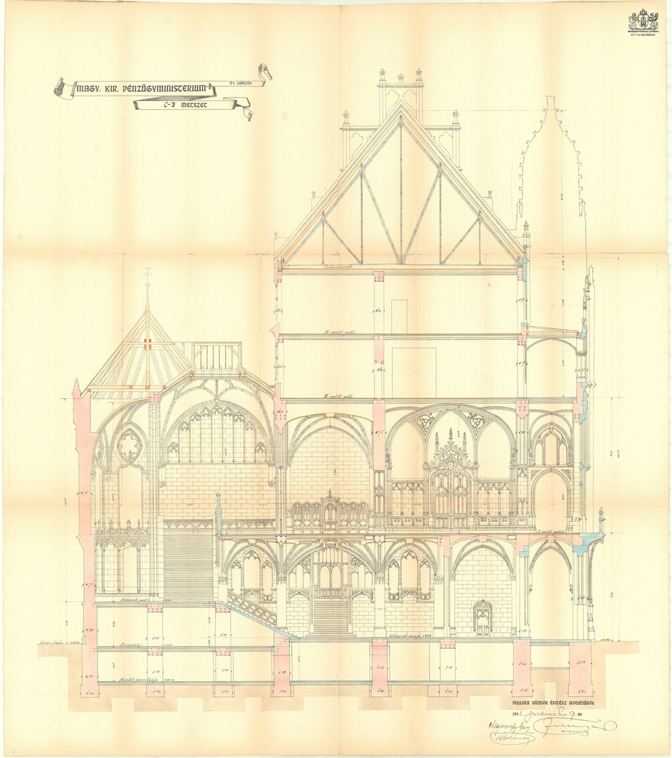 Az épület eredeti tervei, C-D metszet a dísztermen keresztül, Forrás: Budapest Főváros Levéltára
