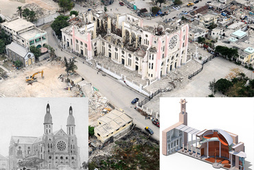 A háttérben: a katolikus katedrális romjai a földrengés után. Az előtérben balra: a székesegyház 1924 előtt. Az előtérben jobbra: az SCF Arquitectos terve az újjáépítésre
