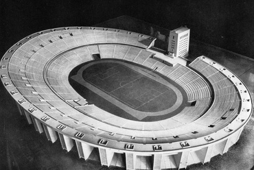 Ifj. Dávid Károly-Borosnyay Pál-Harmos Zoltán százezres stadionja lejtős vasbeton tribünnel és öltözőtoronnyal (1952. nyár). Forrás: Tanulmányok Budapest múltjából 26., 1997, 67. oldal.