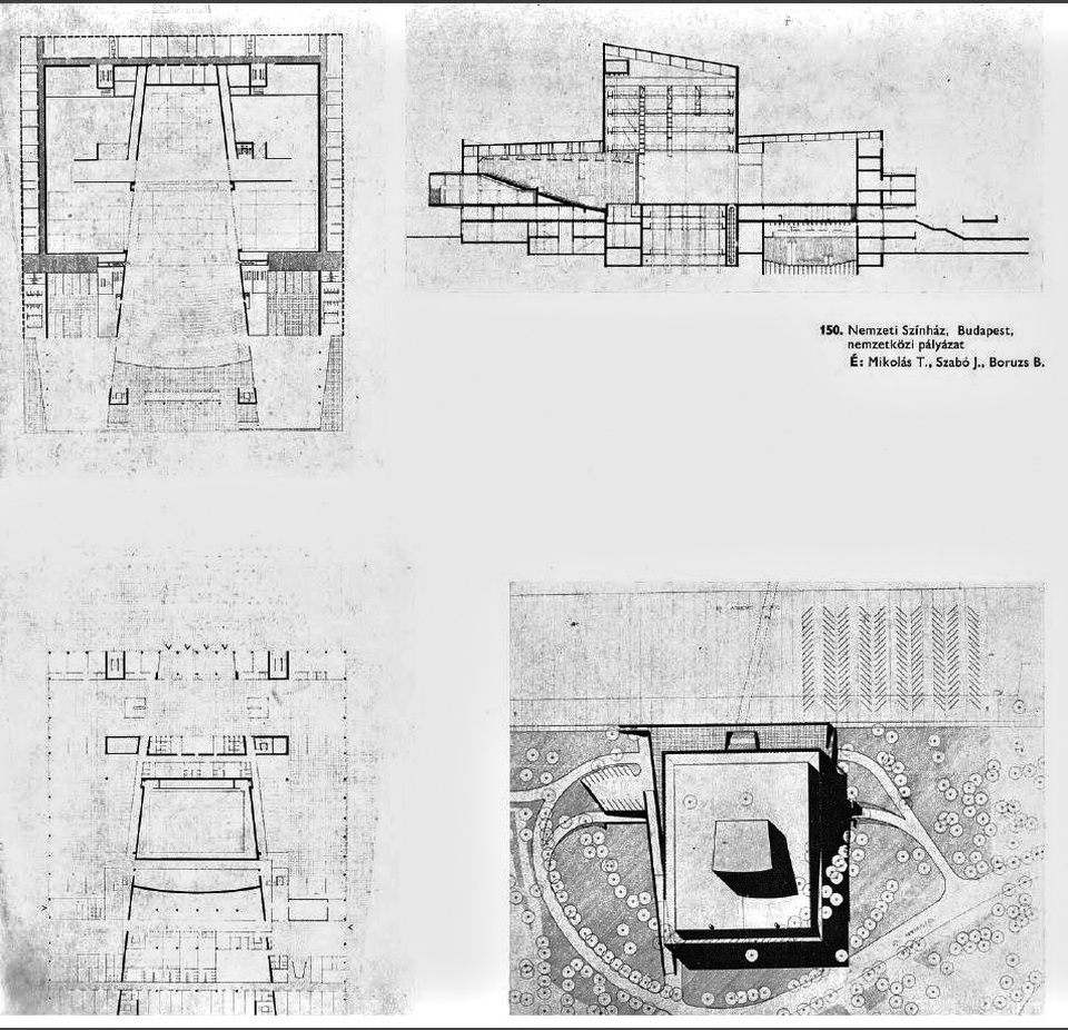 Boruzs Bernát - Mikolás Tibor - Szabó János: A Nemzeti Színház tervpályázata, 1964. Forrás: ÉM. Debreceni Tervező Vállalat 1966-70, 150.o.