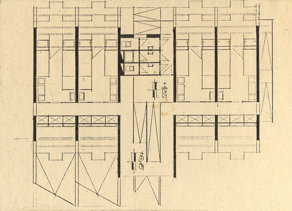 Nagy Bálint: Hallgatói és oktatói üdülő terve az Ybl Miklós Felsőfokú Építőipari Technikum számára, 1971. Tetőszinti alaprajz.