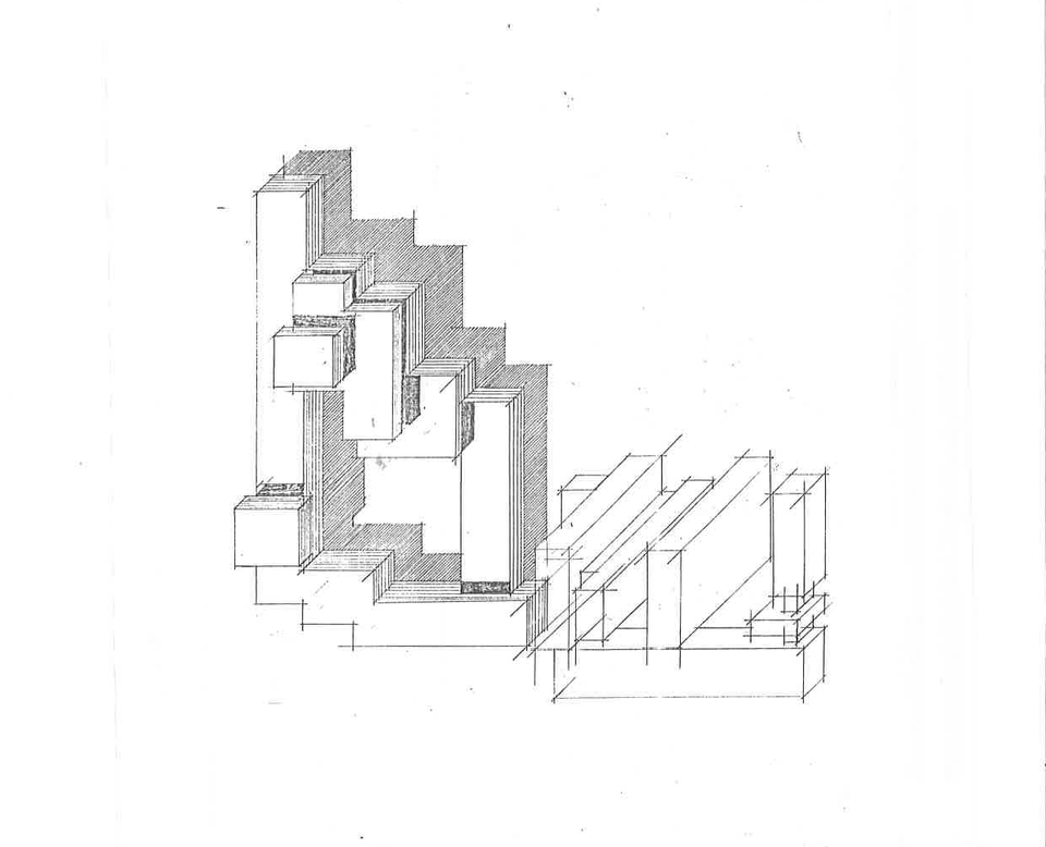 A tervezett irodaház sematikus axinometrikus, madártávlati képe a Sólyom Miklós tervezte második ütem madártávlati képével