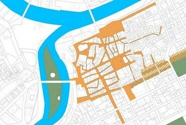Gyalogos Belváros  a javasolt új sétány megjelölésével - ábra: Németh Iván