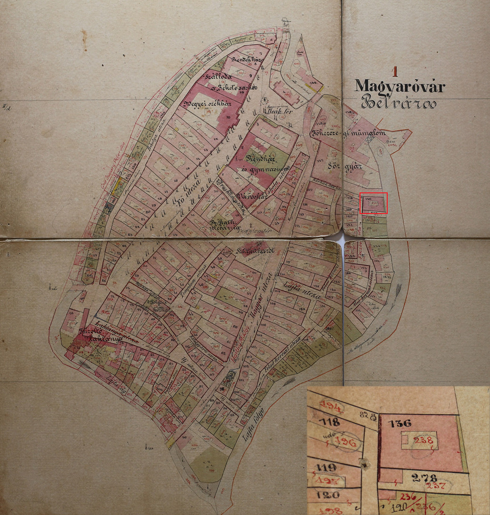 Magyaróvár térképe 1904-ből. Pirossal kiemelve és a jobb alsó sarokban kinagyítva a bordélyház épülete.