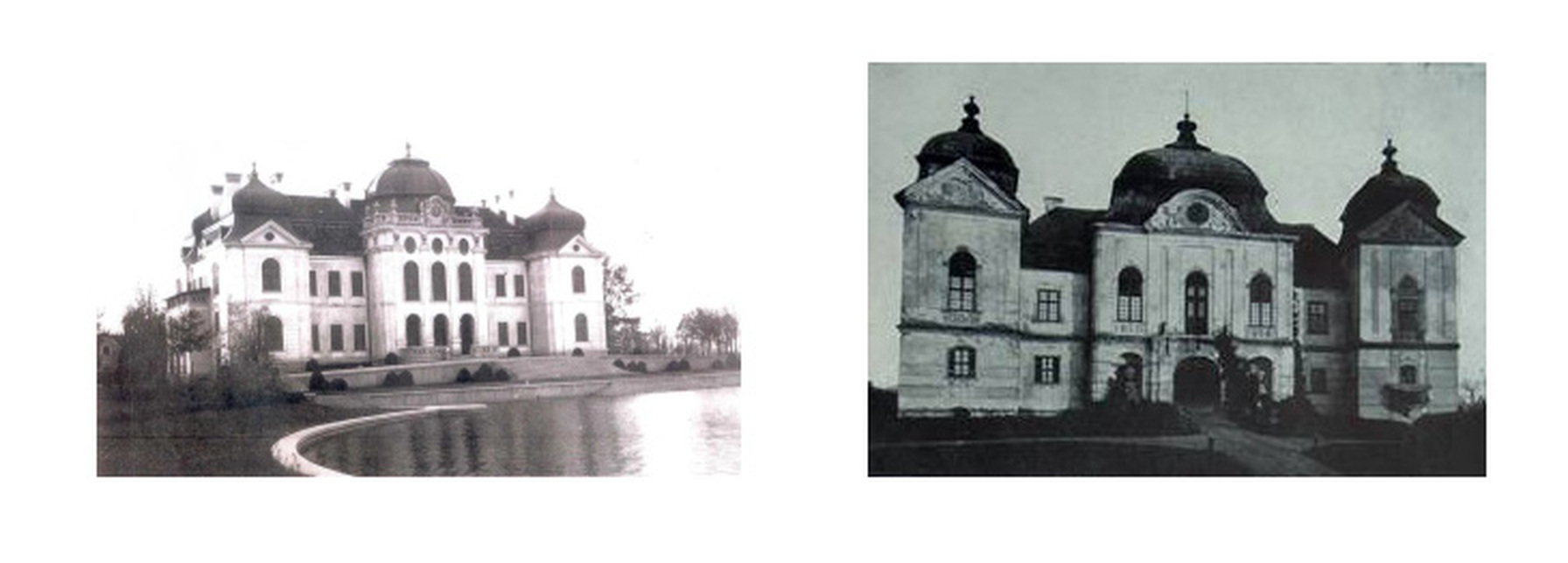 A külsőleg elkészült csorvási Wenckheim-kastély 1944-ben és előképe, a barokk gácsi Forgách-kastély archív felvételen. Képek forrása: wenckheim.hu 
