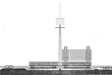 A Kévés György vezette Iparterv-csapat pályaműve a bécsi iroda- és kongresszusi központra, 1968. Az épülettömb távlati nézete a (meglévő) tévétoronnyal. Kép forrása: Kévés György