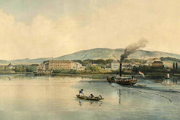 Balatonfüred látképe a 19. században; a kép legmagasabb pontján az Esterházy-kastély. Az MCXVI Építészműterem archívumából