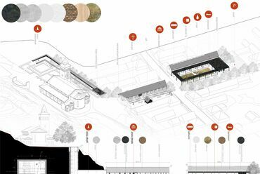 Feljáró, általános szinti alaprajz, terepmetszet, feljáró keresztmetszet, múzeum és zarándokszállás keleti nézet. Tervező: Bocz Gabriella