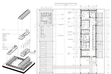 Integrációs ház - Térszervezési axonometria, földszinti alaprajz. Építész: Varjú Kata