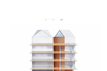 Ranolder hengerek - lakóépület terve Veszprémbe. Tervező és vizualizáció: Paradigma Ariadné. Délnyugati homlokzat.