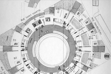 Kévés György és munkatársainak terve a párizsi Beaubourg (ma Pompidou-központ) pályázatára. Földszinti alaprajz, 1971.