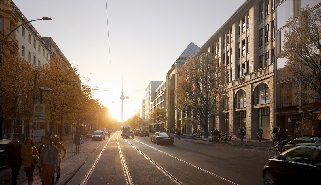 Az Oranienburger Strasse, jobbra a megújult Kunsthaus Tacheles. Látványterv. Kép © bloomimages, via pwr development