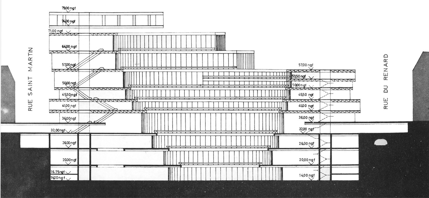 Kévés György és munkatársainak terve a párizsi Beaubourg (ma Pompidou-központ) pályázatára. Metszet, 1971.