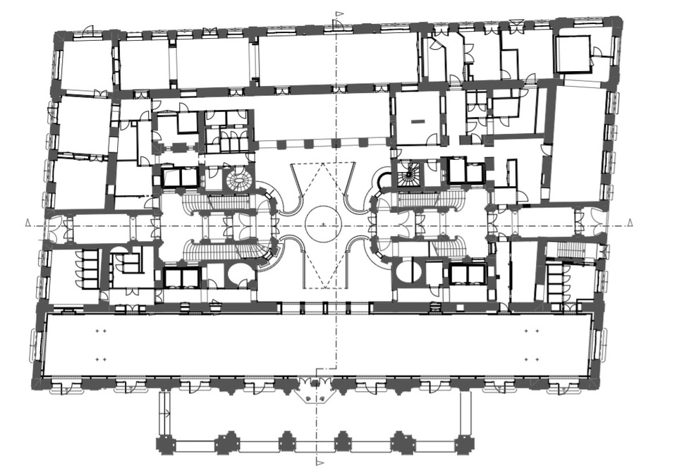 Földszinti alaprajz, A Drechsler-palota felújítása, azaz a W Budapest szálloda tervezése, Építészek: Bánáti + Hartvig Építész Iroda, Tervezés: 2017-2019